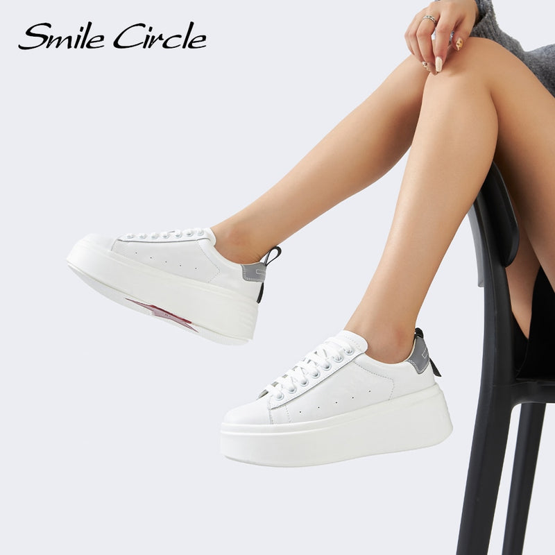 Smile Circle White Sneakers Women Flat Platform Shoes Round toe Casual Thick bottom Shoes Ladies low-top Chunky Sneakers