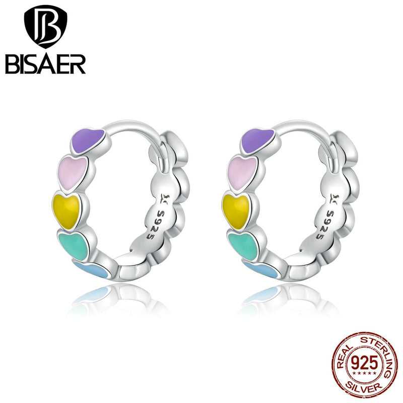 BISAER Rainbow Heart Hoop Earrings Real 925 Sterling Silver Colorful Enamel Round Earrings For Women Wedding Jewelry ECE909