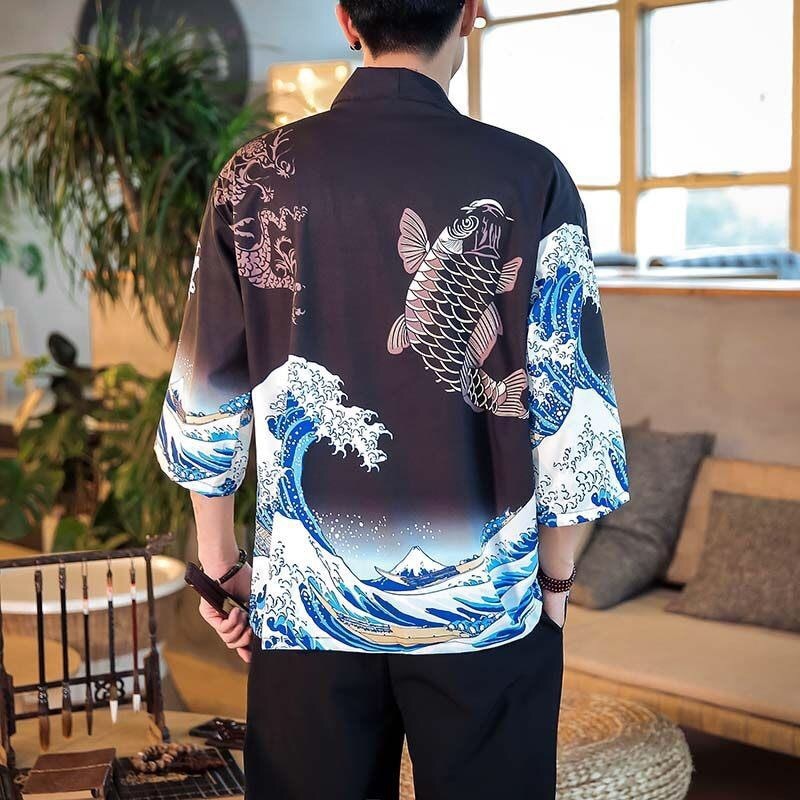 Bebovizi Dragon Print Yukata Men Women Fashion Cardigan Loose Blouse Haori Obi Asian Clothes Harajuku Japanese Cosplay Kimono