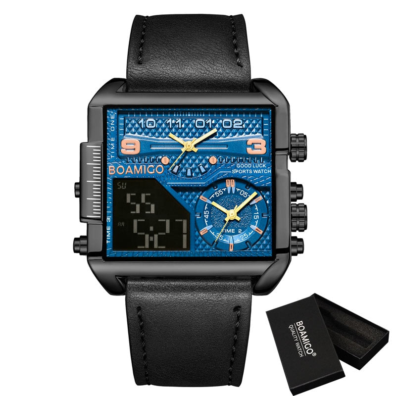 BOAMIGO Top Brand New 3 time zone Watch Man Sport digital Watches stainless steel  military Quartz Watch relogio masculino