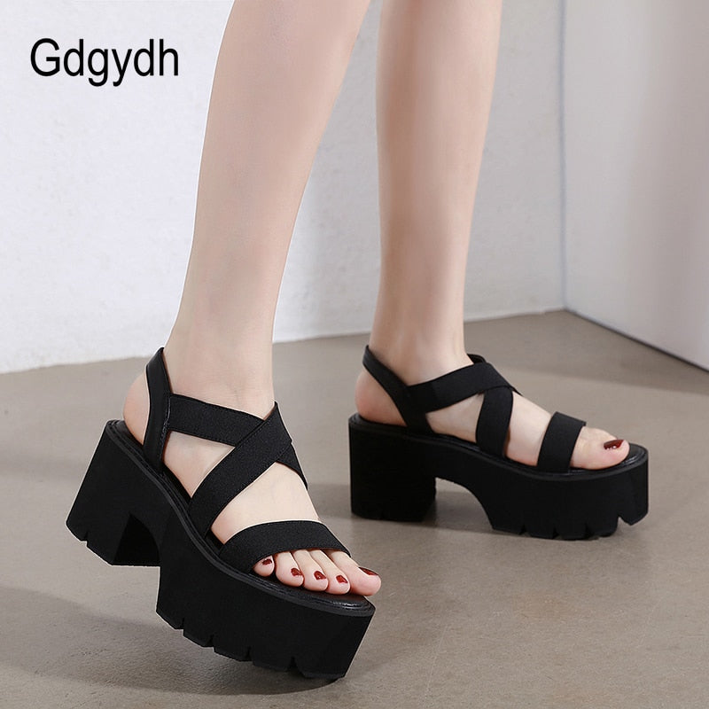 Gdgydh 2022 Summer Women Gladiator Sandals Thick Platform High Heels Comfortable Female Shoes Elastic Band Black Shoes Drop Ship