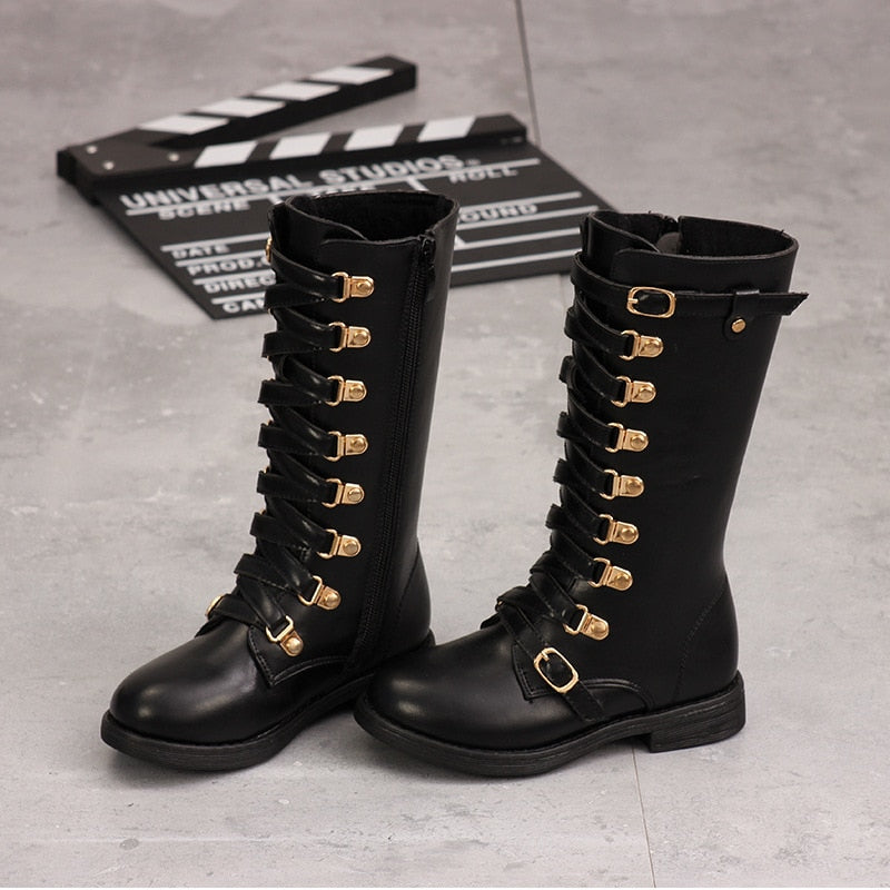 Children Boots Girls Warm Fashion Metal button Knee-high Boots Quality Leather Waterproof Warming High-top Plush Boots