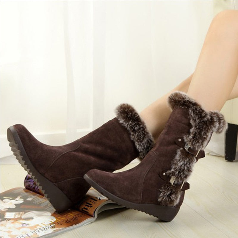 Women Winter Boots Flock Winter Shoes Ladies Fashion Snow Boots Shoes Thigh High Suede Mid-Calf Boots