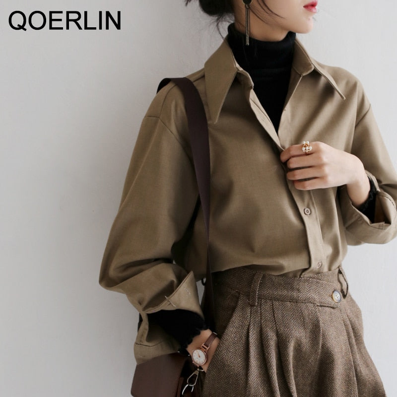 QOERLIN, blusa de café para mujer, camisa informal de manga larga de Color sólido para primavera y otoño, camisa holgada coreana para mujer, ropa de trabajo estilo OL S-XL