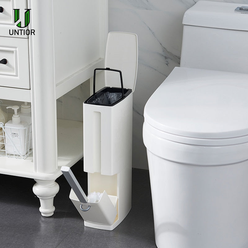 UNTIOR 3 in1 Narrow Trash Can Plastic Waste Bin with Toilet Brush Garbage Bucket Dustbin Kitchen Bathroom Cleaning Trash Bin