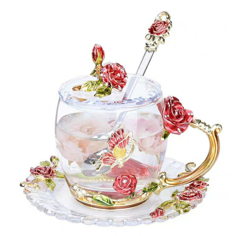 Red Rose Enamel Coffee cup Mug Crystal Glass Cups and mugs High-grade Tea Cup Drinkware Gift Couple Mug For Lover Tea Set