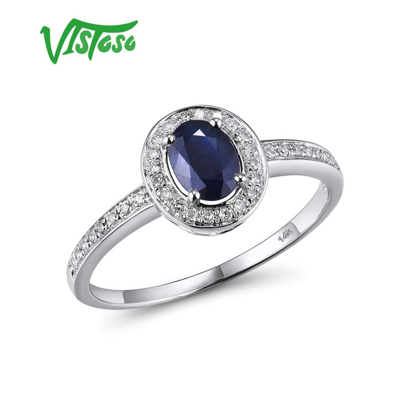 VISTOSO 14 Karat Weißgold Ringe für Frauen, echter funkelnder Diamant, ausgefallener blauer Saphir, Verlobungsjubiläum, einzigartiger feiner Schmuck