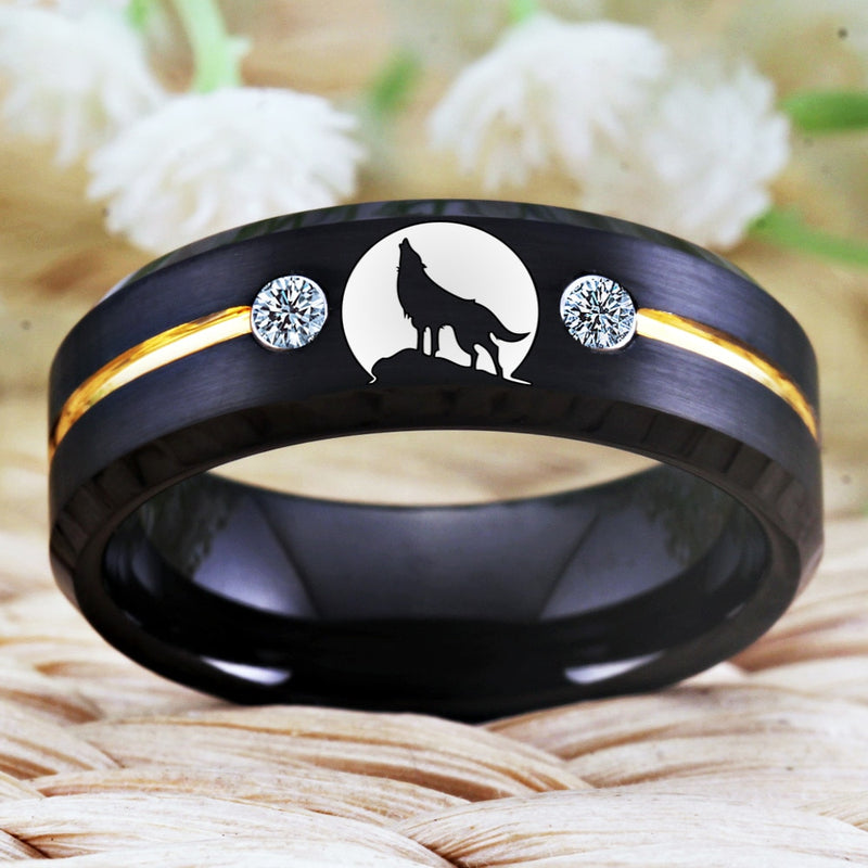 Tungsten Wolf Rings For Men Lone Wolf Howling Moon Ring Men&