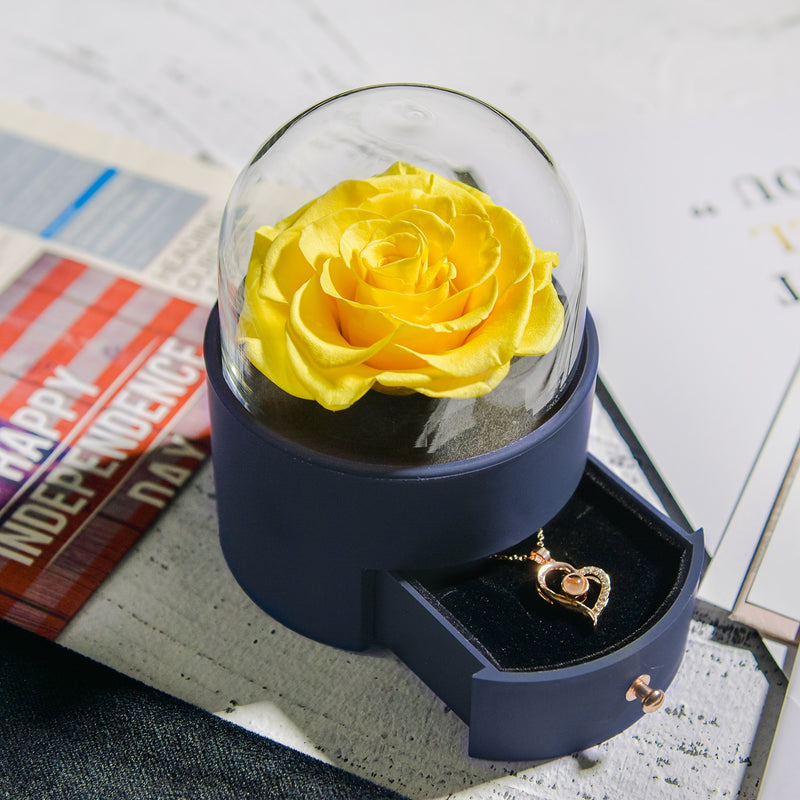 Schmuckschatulle mit natürlicher ewiger Rose zum Muttertag / mit 100 Sprachen, Liebeskette, konservierte Blumen, Vorschlagsring, Geschenk für sie