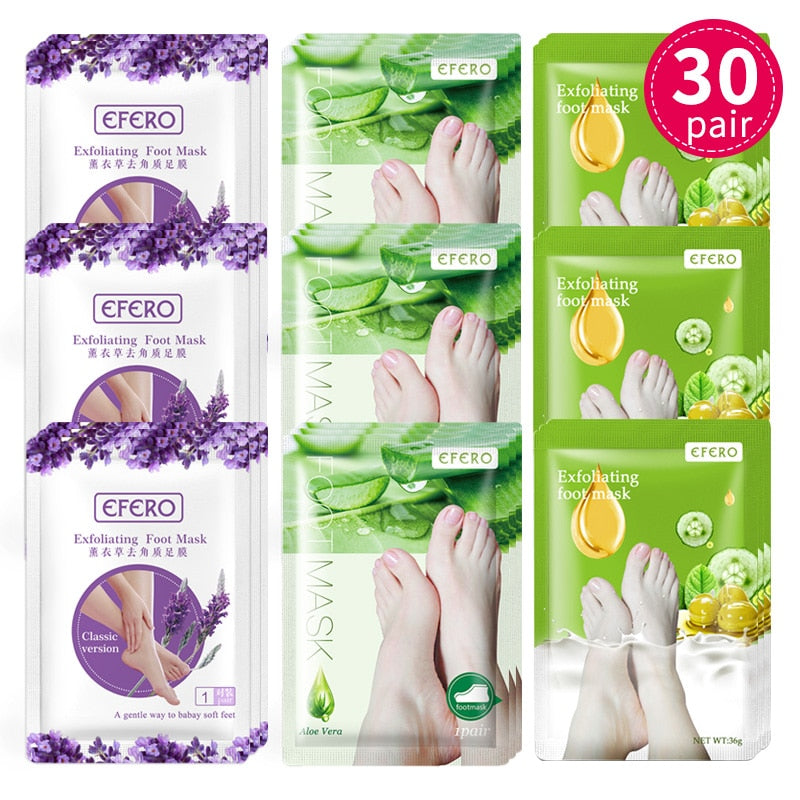 EFERO, 30 pares de mascarillas exfoliantes para pies, calcetines para pedicura, exfoliación para mascarilla para pies, removedor de piel muerta, callos, mascarilla blanqueadora para pies