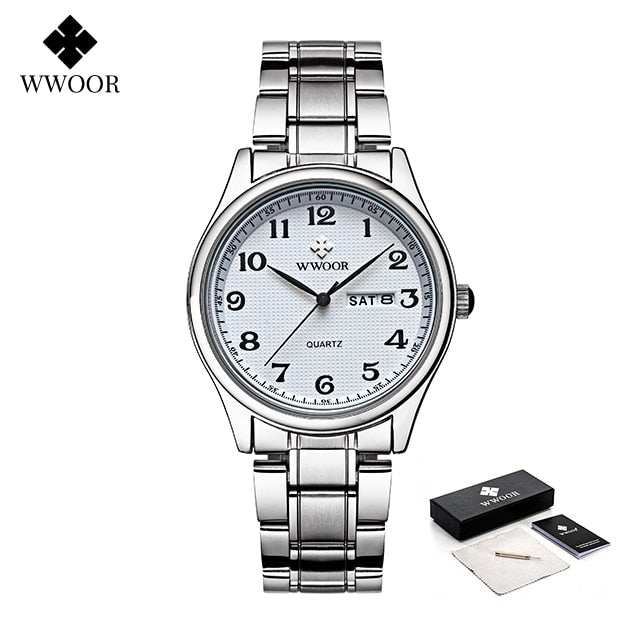 WWOOR Fashion Lovers Watches For Men Women Waterproof Arabic Clock Silver Stainless Steel Couple Casual Ladies Quartz Wristwatch