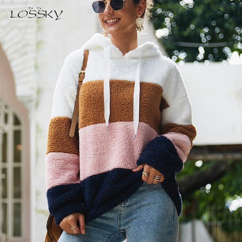 Lossky Women Hoodies Sweatshirt Striped Patchwork Ladies Long Sleeve Pullover Plush Top Autumn Winter Female  Warm Clothing 2022