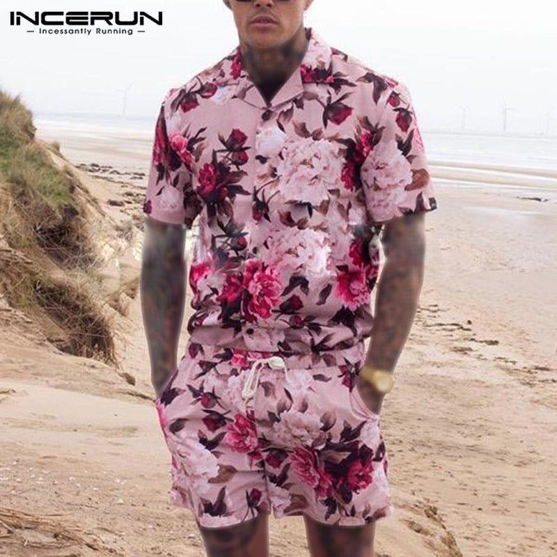 INCERUN Men Sets Flower Printed Vacation Breathable Beach Lapel Short Sleeve Shirt Shorts Streetwear Men Hawaiian Suits 2 Pieces