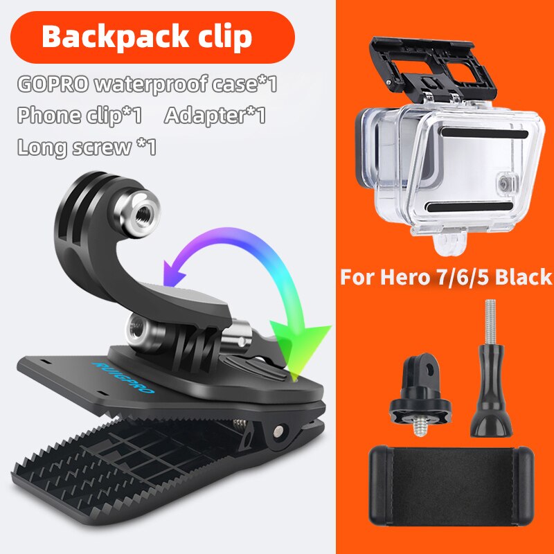 Para accesorios Go Pro, mochila con rotación de 360 ​​grados, abrazadera de Clip para GoPro Hero11 10 9 8 7 6 5Xiaomi yi para teléfono SJCAM SJ4000