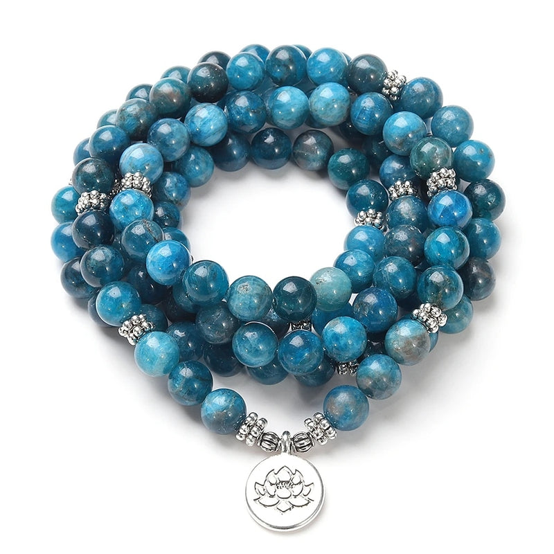 Natural Stone Women Men 108 Mala Apatite with Lotus OM Buddha Charm Yoga Bracelet or Necklace Natural Jewelry