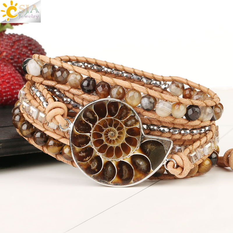 CSJA Boho Leather Wrap Bracelet Natural Stone Bracelets for Women Tiger Eye Bead Multilayer Wickelarmband S475