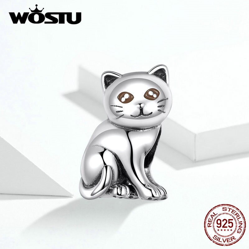 WOSTU Cute Cat Charms 925 Sterling Silver Animal Pussy Zirconia Beads Fit Original Bracelet Pendant DIY Necklace Jewelry