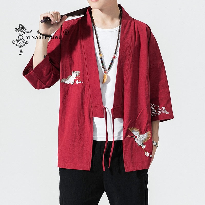 Kimono Cardigan Men Japanese Kimono Traditional Beach Thin Crane Embroidery Asian Clothes Yukata Male Samurai Casual Shirt Kimon