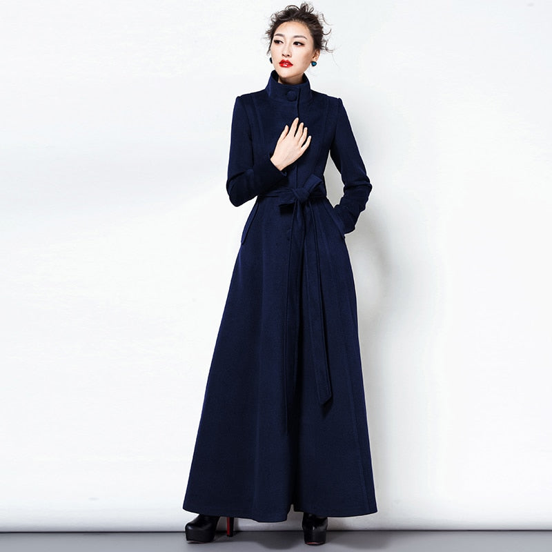 S-3XL Women Long Wool Coat Autumn Winter New Fashion Thick Warm Turtleneck Adjustable Waist Sashes Woolen Tops Outerwear Female