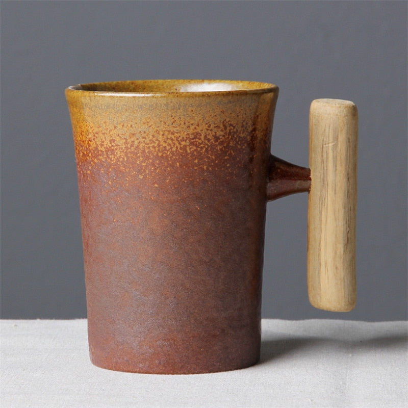 Vintage-Keramik-Kaffeetasse im japanischen Stil, Rostglasur, Tee, Milch, Bierkrug mit Holzgriff, Wassertasse, Heimbüro, Trinkgeschirr