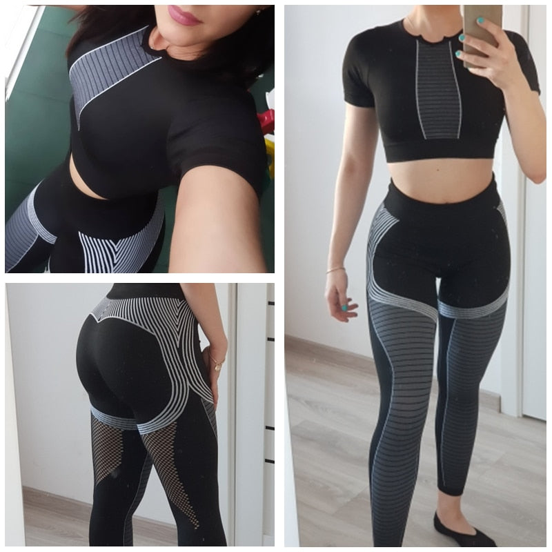 Seamless Sport Set Women Female Black Two 2 Piece Crop Top High Waist Leggings Sportsuit Workout Outfit Fitness Gym Yoga Sets