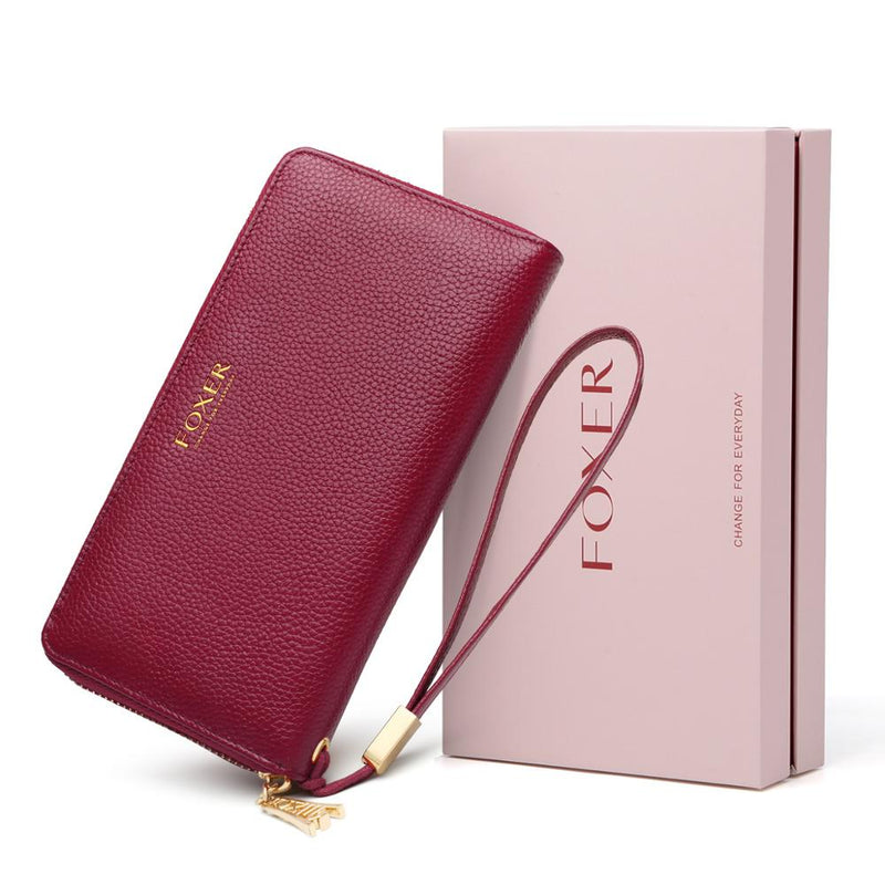 FOXER Women Split Cow Leather Long Wallet Ladies Luxury Card Holder Slot Money Bag Cowhide Phone Bag Simple Purse Female ID Case