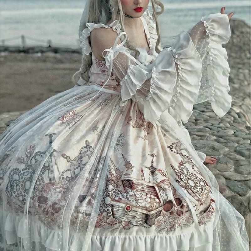 Japanese Gothic Jsk Lolita Dress Women Vintage Victorian Sleeveless Bow Princess Tea Party Dresses Girls Chic Print Lolita Dress