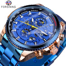 Forsining Mens Automatic Watch Blue Steel Band Calendar 3 Sub Dial Wristwatch Mechanical Waterproof Male Clock Relogio Masculino