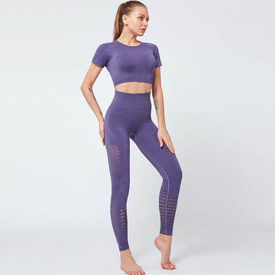 Conjunto de Yoga sin costuras para mujer, ropa de Fitness, conjunto de gimnasio de 2 piezas, Top corto, Leggings, conjunto deportivo para mujer, ropa de entrenamiento