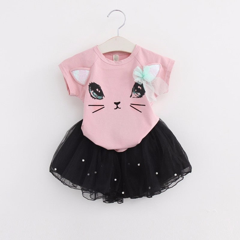 Summer Baby Girls Princess Dress 2pcs Set Cute Cartoon Cat Print T-shirt Top+Mesh Tutu Skirt Toddler Kids Outfits Clothes