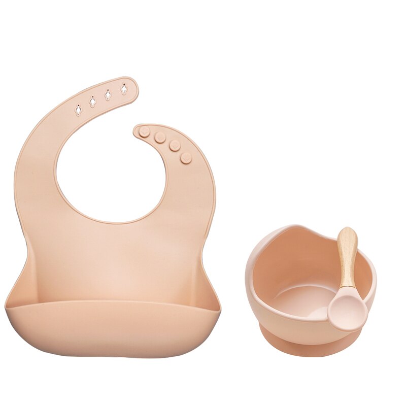 Vajilla de silicona para bebé sin BPA, babero impermeable, toalla Flexible para Saliva, cuenco y cuchara con ventosa de Color sólido para niños