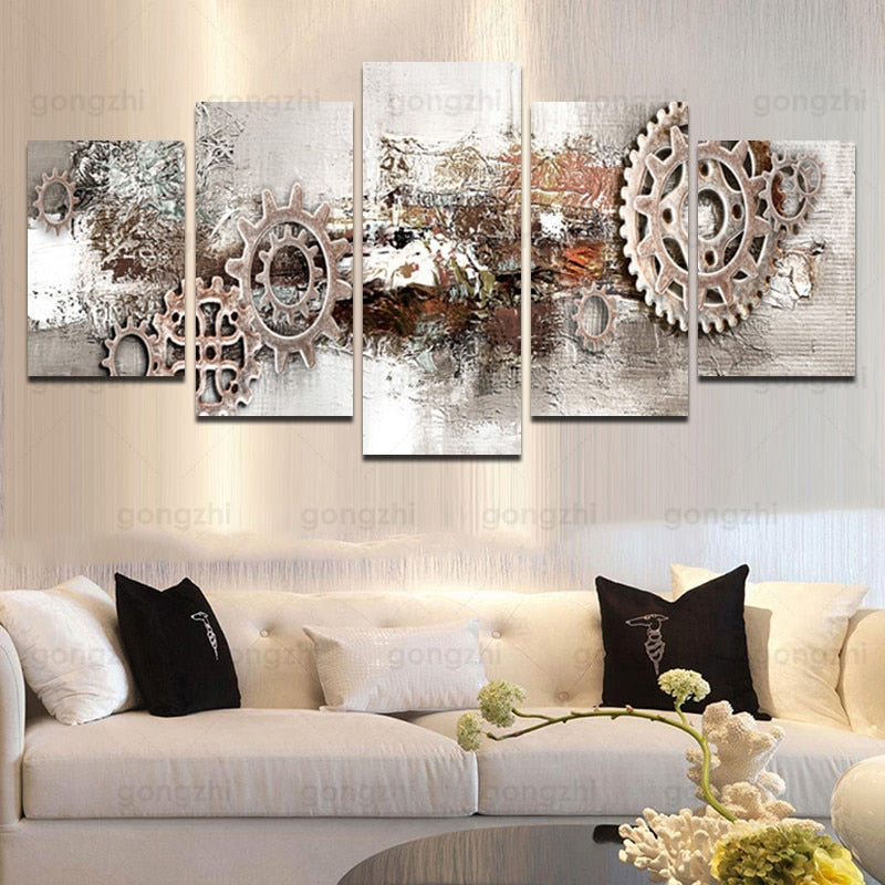 5Pcs Abstract Design Sense Metal Gear Industrial Pipe Modern Home Mural Living Room Decoration Frameless Canvas Printing Poster
