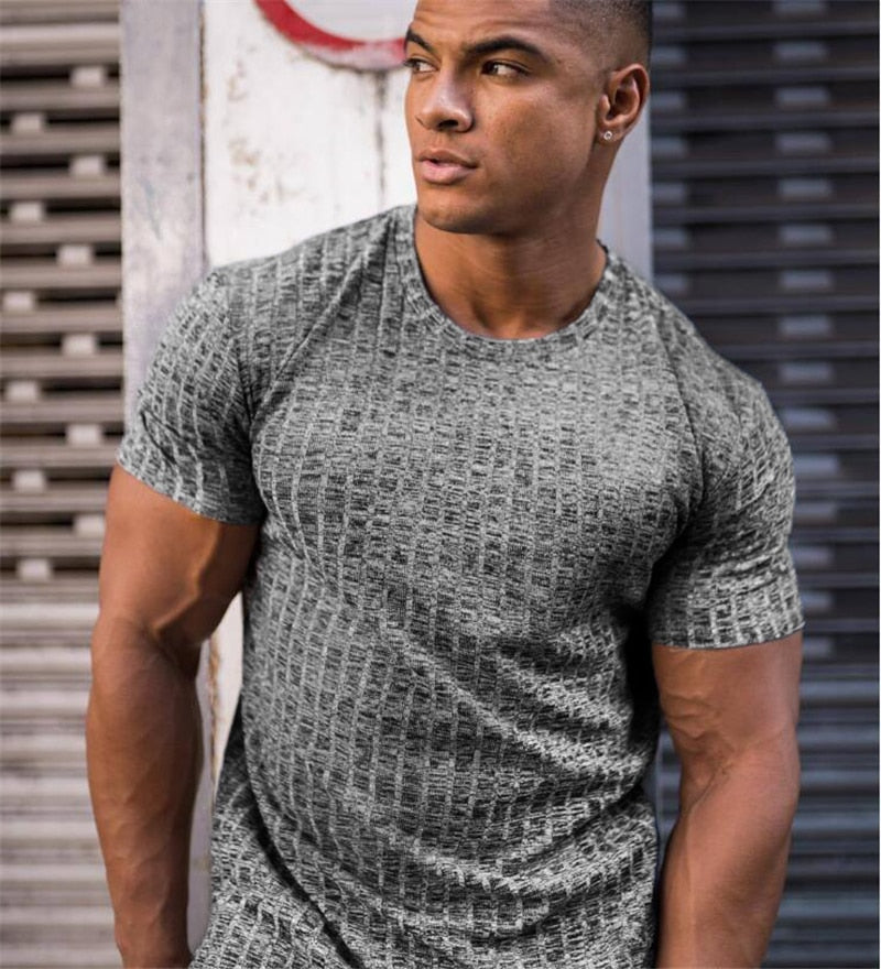 Men V Neck Short Sleeve T Shirt Fitness Slim Fit Sports Strips T-shirt Male Solid Fashion Tees Tops Summer Knitted Gym Clothing