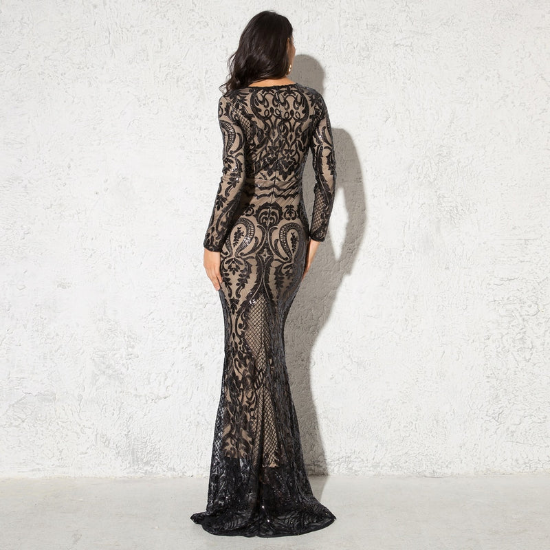Black Long Sleeve Sequined Maxi Dress Bodycon O Neck Full Length Stretchy Autumn Winter Long Evening Party Dress Black Gold