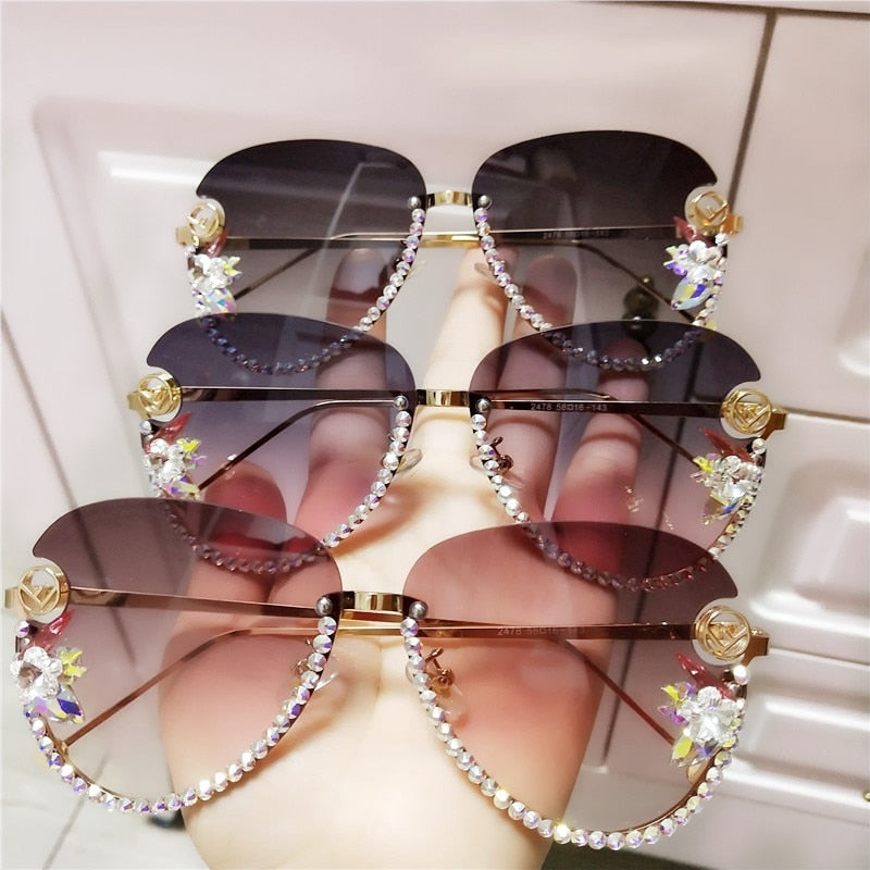 Gafas de sol de moda para mujer, gafas de sol crsytal de diseñador Vintage, gafas de sol de ojo de gato sin montura, gafas con letras F ladeis