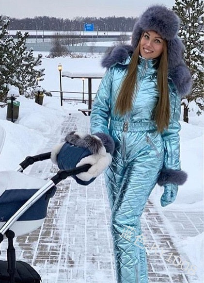 New Shiny Silver Gold One-Piece Ski Suit Women Winter Windproof Skiing Jumpsuit Snowboarding Suit Female Snow Costumes