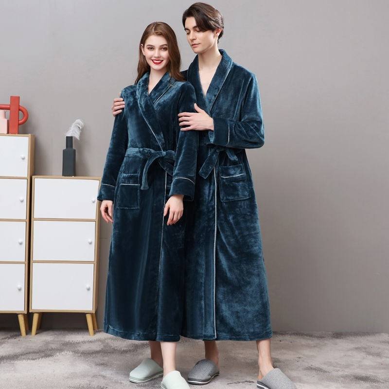 Men Plus Size 3XL Flannel Kimono Bath Gown Ultra Long Large Robe Coral Fleece Nightgown Lovers Couple Thick Warm Sleepwear MR001