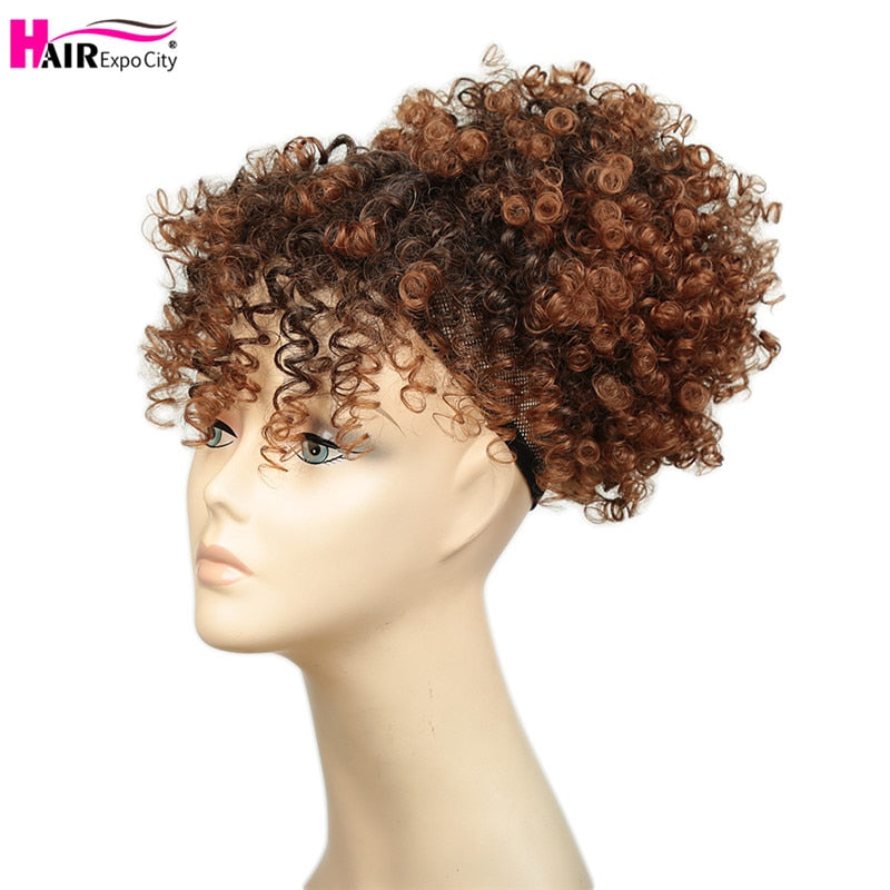 Short Kinky Curly Chignon With Bangs Synthetic Hair Bun Drawstring Ponytail Afro Puff Hair pieces For Women Clip Hair Extension
