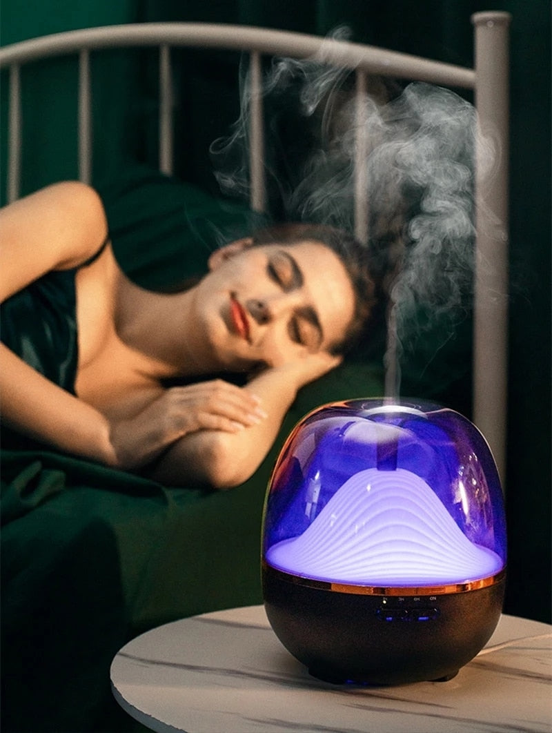 Difusor de Aroma de montaña de 600ML, fabricante de niebla ultrasónica de aromaterapia de aceite esencial con Humidificador de lámpara LED cálida