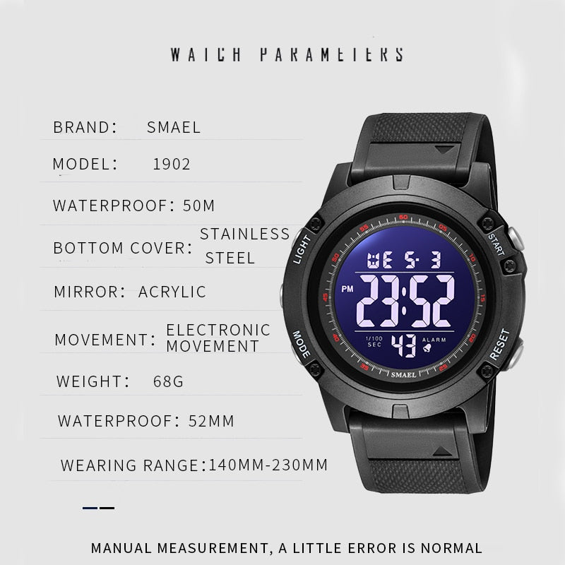SMAEL Mens Watches Luxury Brand Military Digital Sport Clock Fashion Waterproof LED Light Wrist Watch For Men 1902 Stopwatches