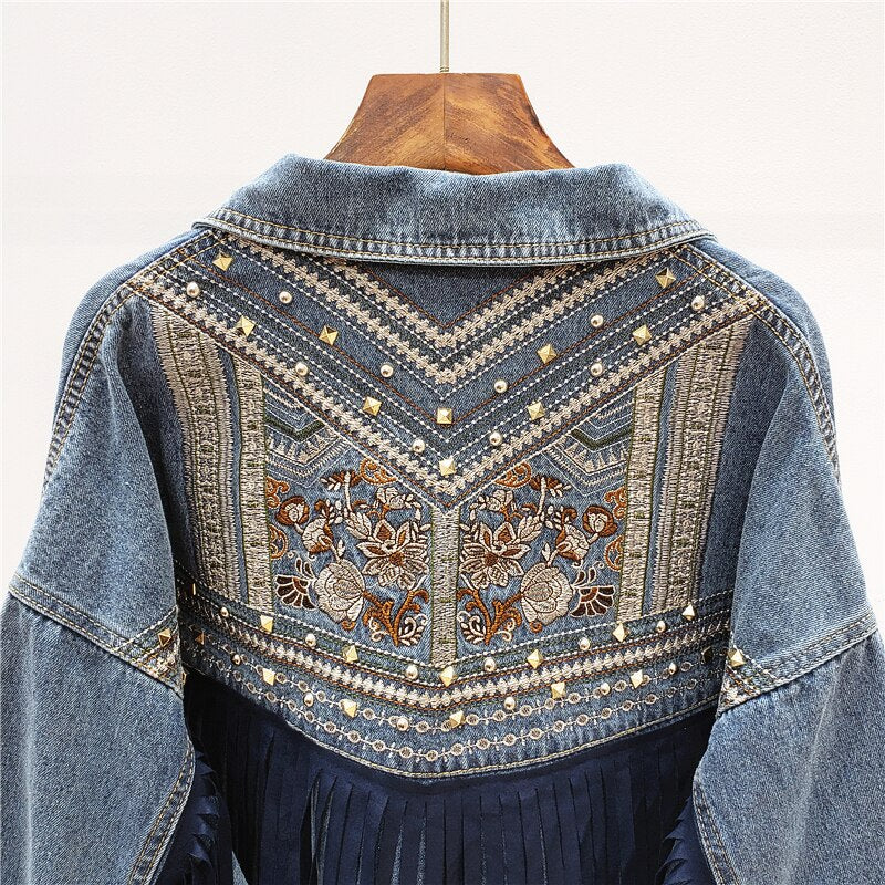 2023 Harajuku Denim Jacket Women Spring Bead Flowers Tassel Streetwear Autumn Black Jasjes Dames Loose Lapel Long Sleeve Coat