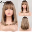 Medium Length Ombre Brown to Blonde Straight Hair Wigs with Bangs Synthetic Wigs for Women Cosplay Heat Resistant Natural Wigs