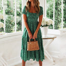 Vintage Print Puff Sleeve Dress Women Summer 2020 New Sweet Casual Square Collar Green Floral Print Long Dresses Slim Vestidos