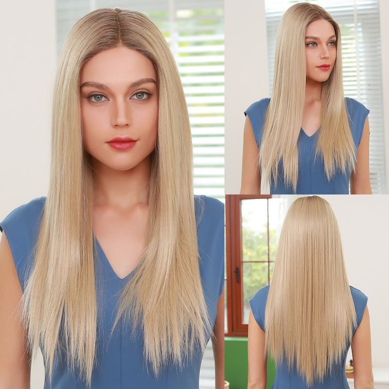 EASIHAIR Lange, seidige, glatte, braune, blonde T-Teil-Spitzenperücken mit Babyhaar, hochdichte, hitzebeständige, synthetische Perücken für Frauen