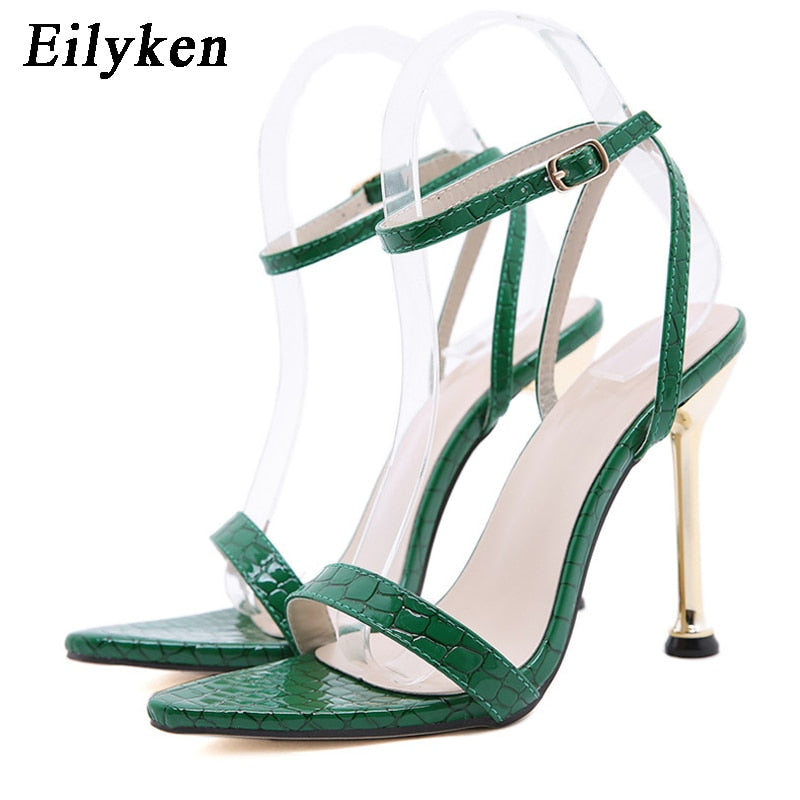 Eilyken 2023 nuevo tobillo hebilla Correa verde tacones altos Sandalias Mujer punta estrecha fiesta Mujer Zapatos Sandalias Mujer