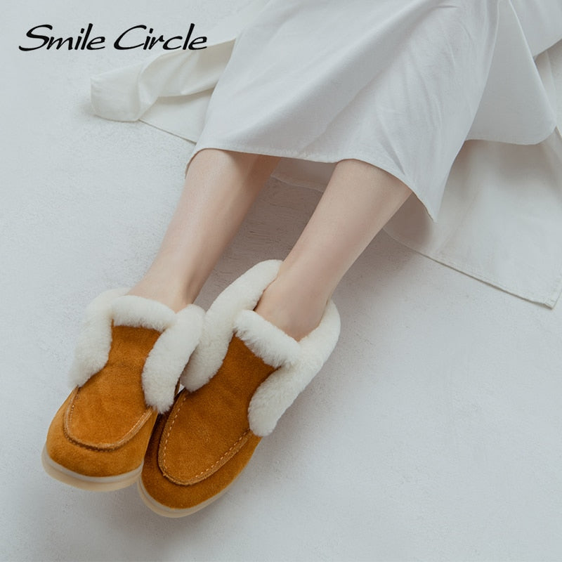 Ankle boots cow-suede-leather boots natural-fur Warm winter boots Slip-on snow boots for women