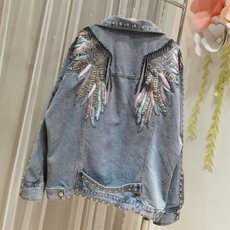 Rivet Wings Punk Coats Damen Casual Bestickte Jeansjacke 2021 Sprint Short Denim Coat Jacken für Damen Langarm