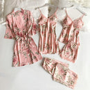 Lace Patchwork 5PCS Sleepwear Nightgown Kimono Bathrobe Gown Satin Lady Nighty&amp;Robe Suit Sexy Home Clothes White Wedding Robe