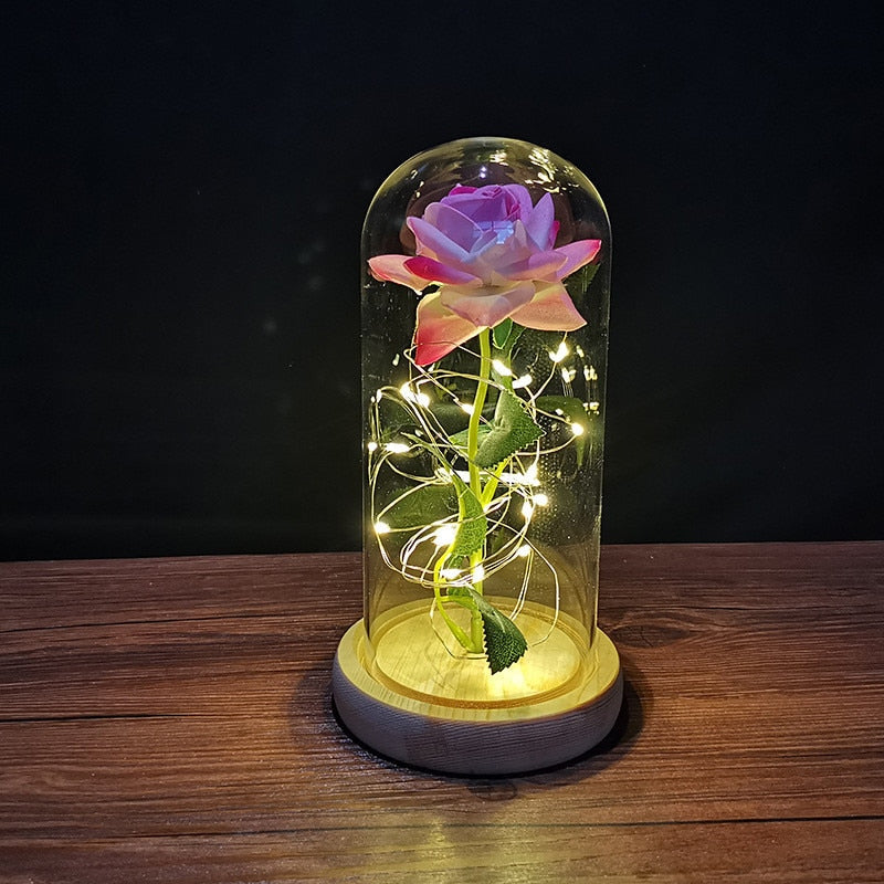 LED Enchanted Galaxy Rose Eternal 24K Gold Foil Flower with String Lights In Dome for Home Decor Christmas Valentine&