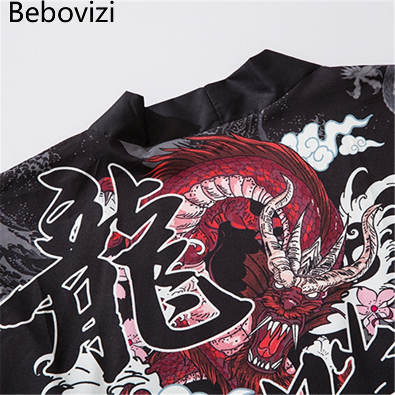 Bebovizi Dragon Print Yukata Men Women Fashion Cardigan Loose Blouse Haori Obi Asian Clothes Harajuku Japanese Cosplay Kimono